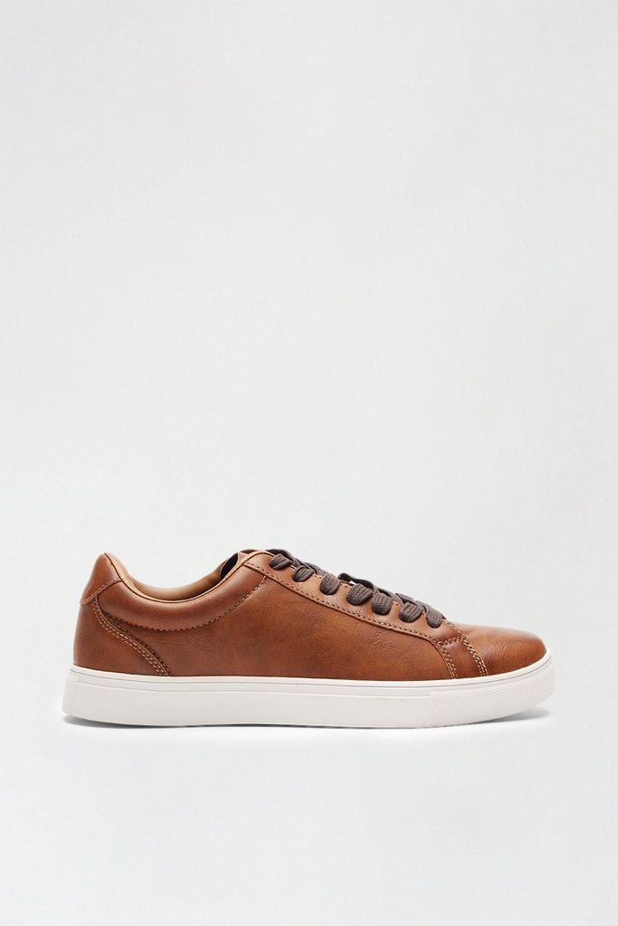 Mens Tan PU Leather Look Lace-Up Trainers