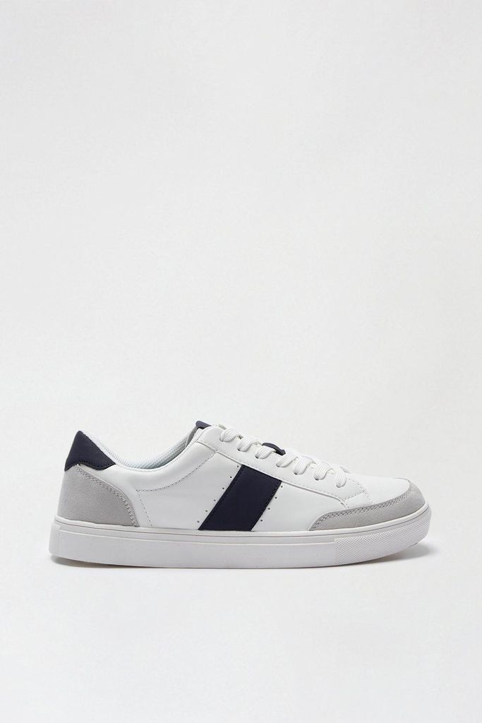 Mens White Leather Look Trainers with Navy Stripe