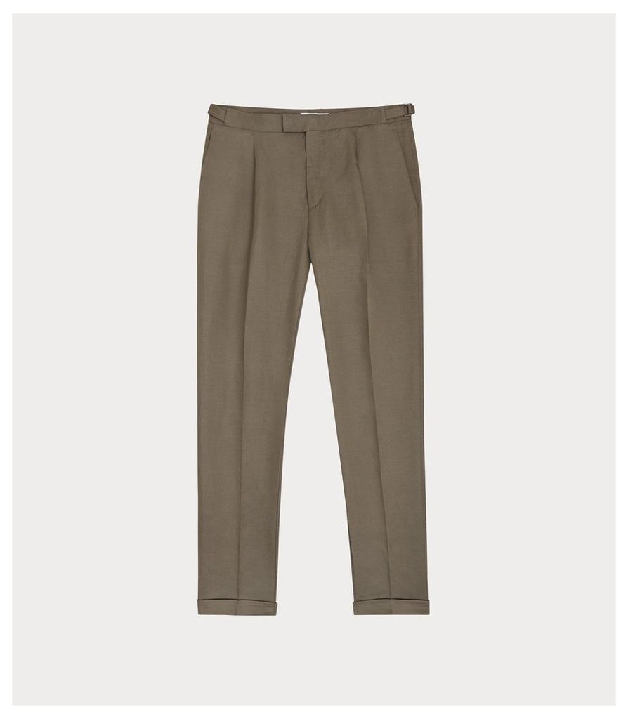 Reiss Checker - Linen Blend Slim Tailored Trousers in Sage, Mens, Size 38