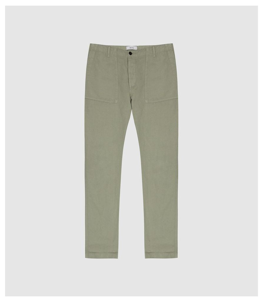 Reiss Mongolia - Cotton Linen Cargo Trousers in New Sage, Mens, Size 38