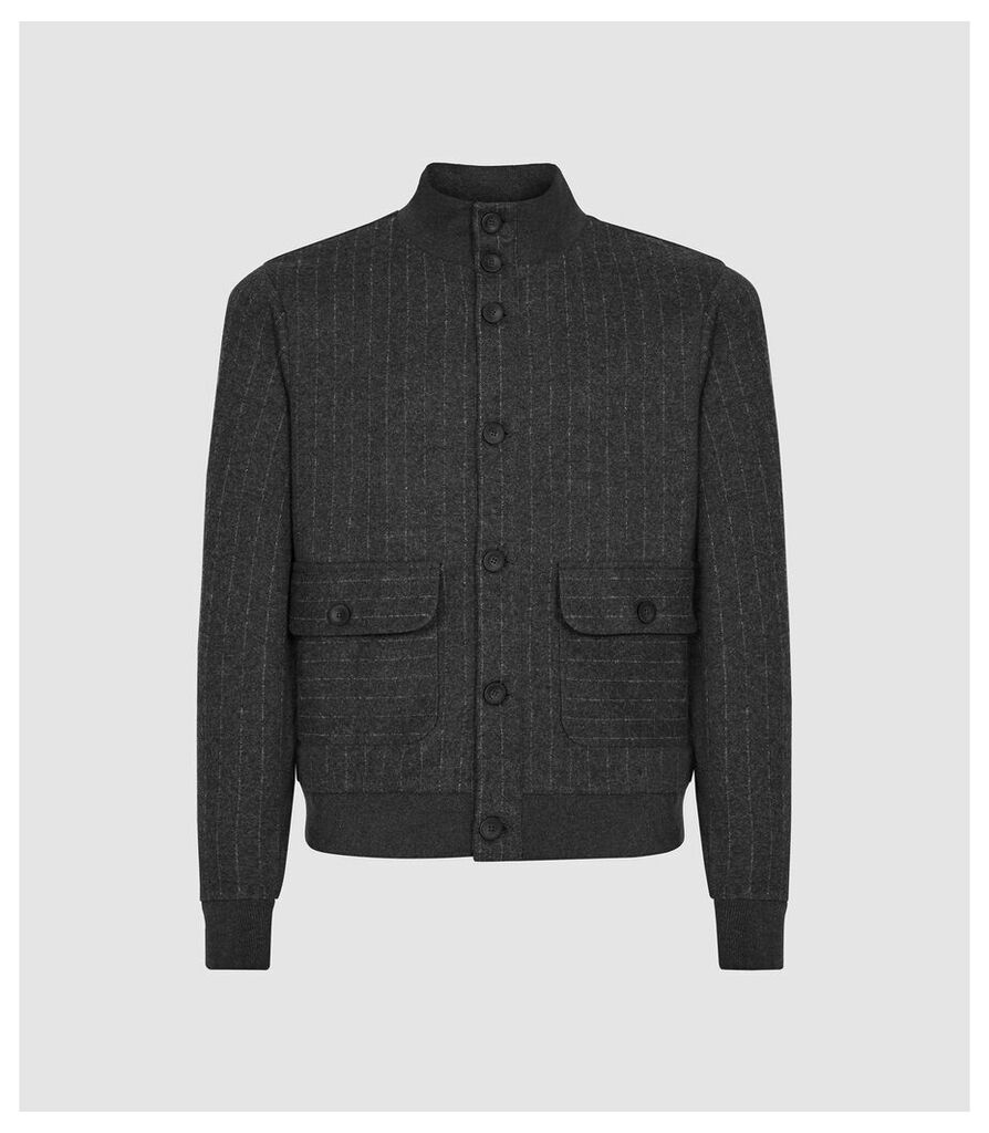 Reiss Chester - Cotton Blend Pinstriped Bomber Jacket in Charcoal, Mens, Size XXL