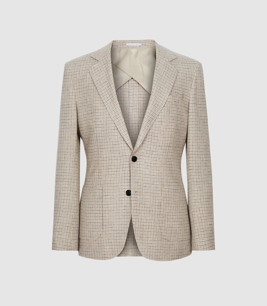 Flutter - Wool Checked Slim Fit Blazer in Oatmeal, Mens, Size 36