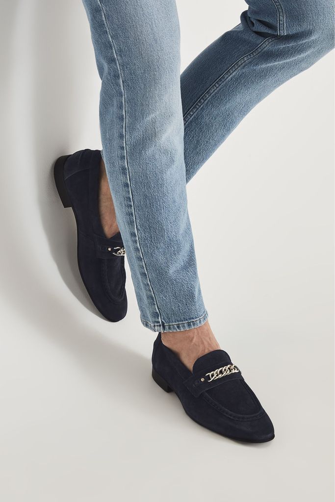Navy Lex Suede Loafers With Chain Detail
