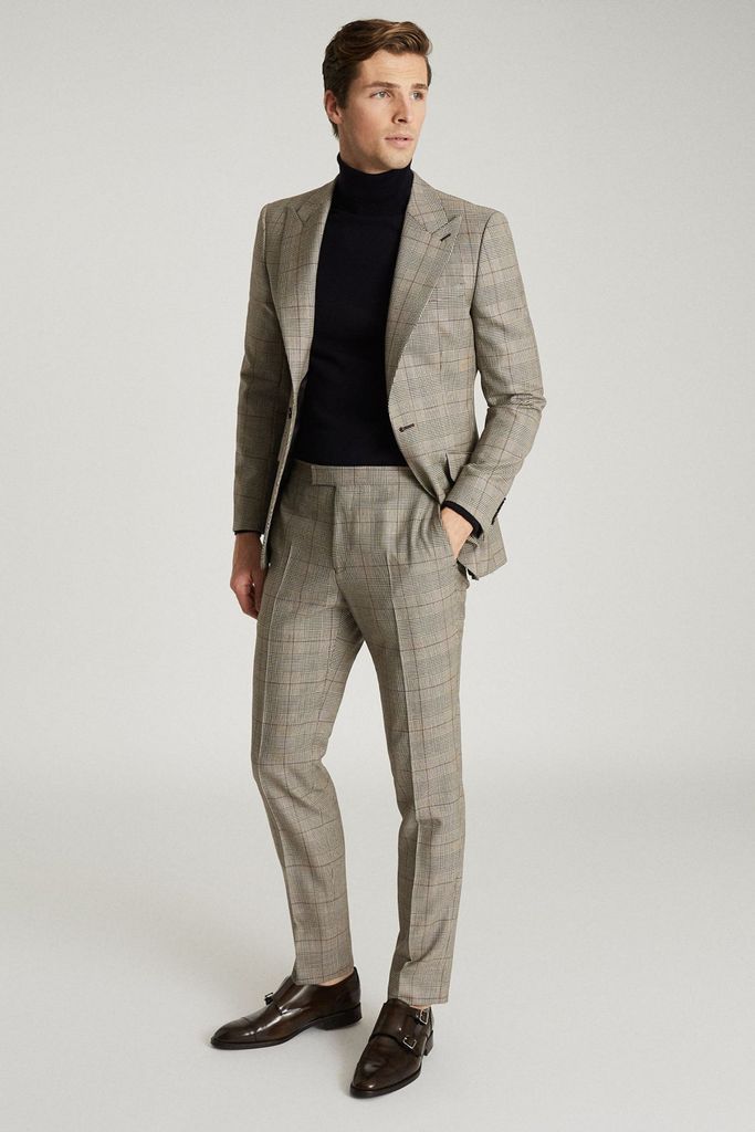 Grey Buster Wool Checked Slim Fit Trousers