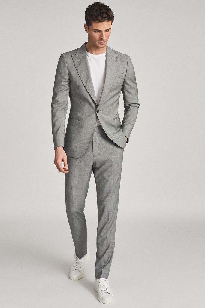 Soft Grey Wave Wool Puppytooth Check Trousers