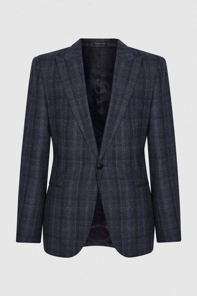 Navy Oxsted Wool Slim Fit Checked Blazer
