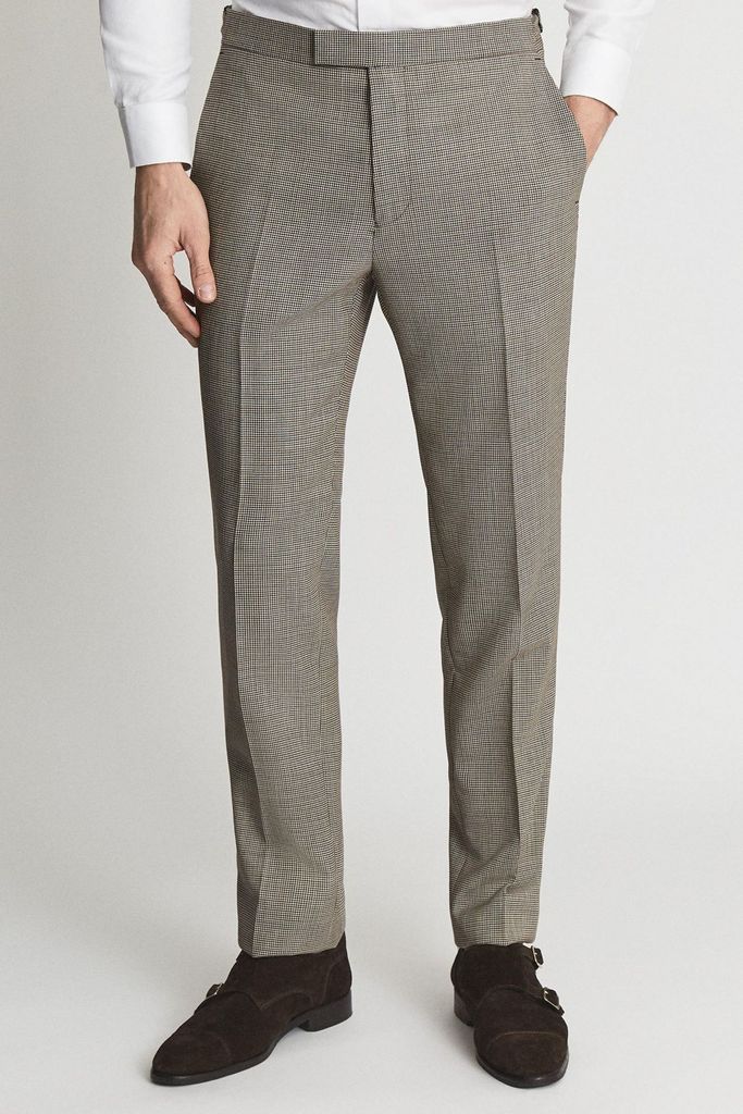 Oatmeal March Slim Fit Wool Puppytooth Mixer Trousers