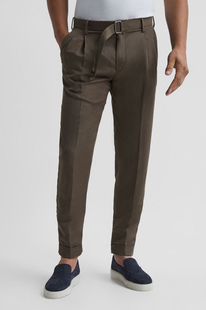 Mocha Crease Linen Belted Tapered Trousers