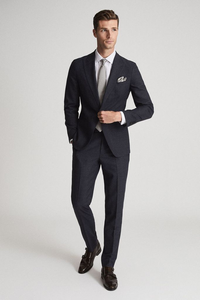 Navy Swing Wool Blend Checked Slim Fit Trousers