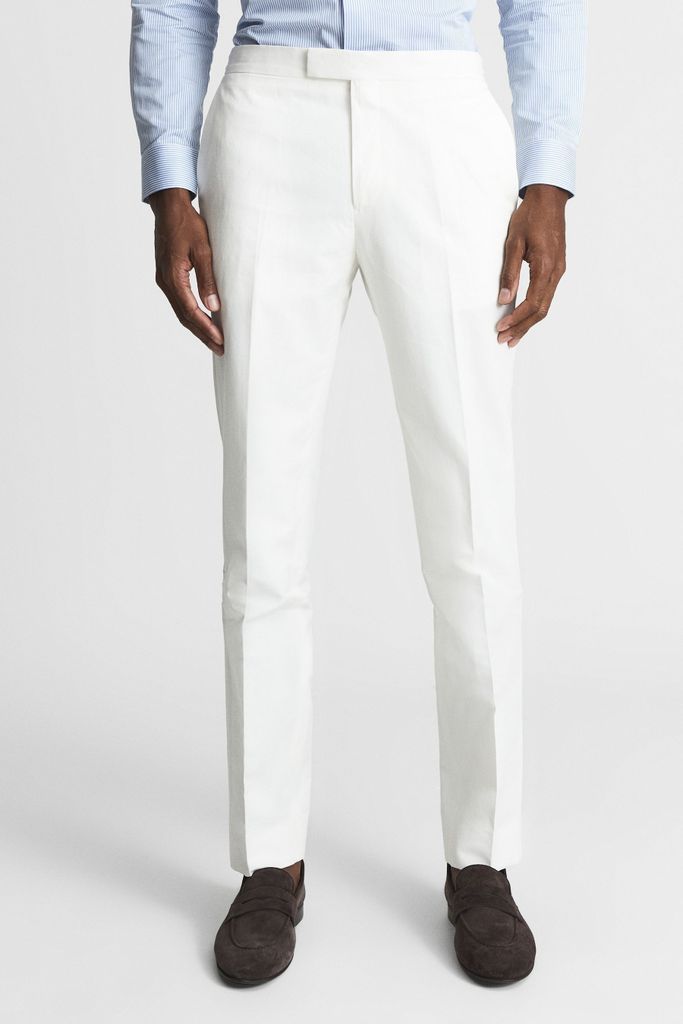 White Tone Slim Fit Formal Linen Trousers