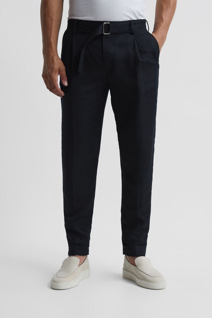 Navy Crease Linen Belted Tapered Trousers