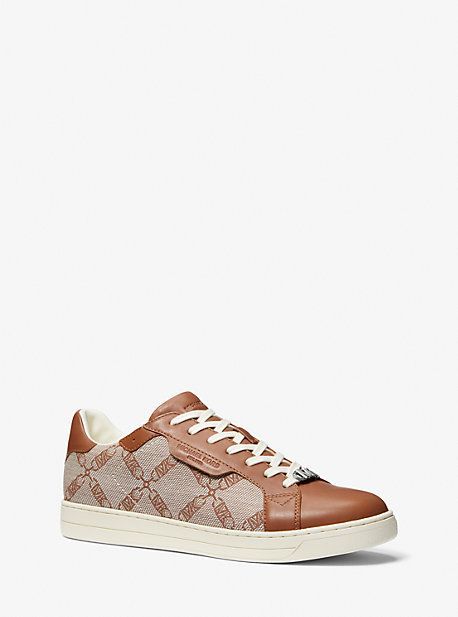 MK Keating Empire Logo Jacquard And Leather Trainers - Luggage Brown - Michael Kors