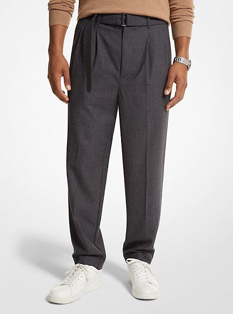 MK Stretch Wool Flannel Belted Trousers - Charcoal - Michael Kors
