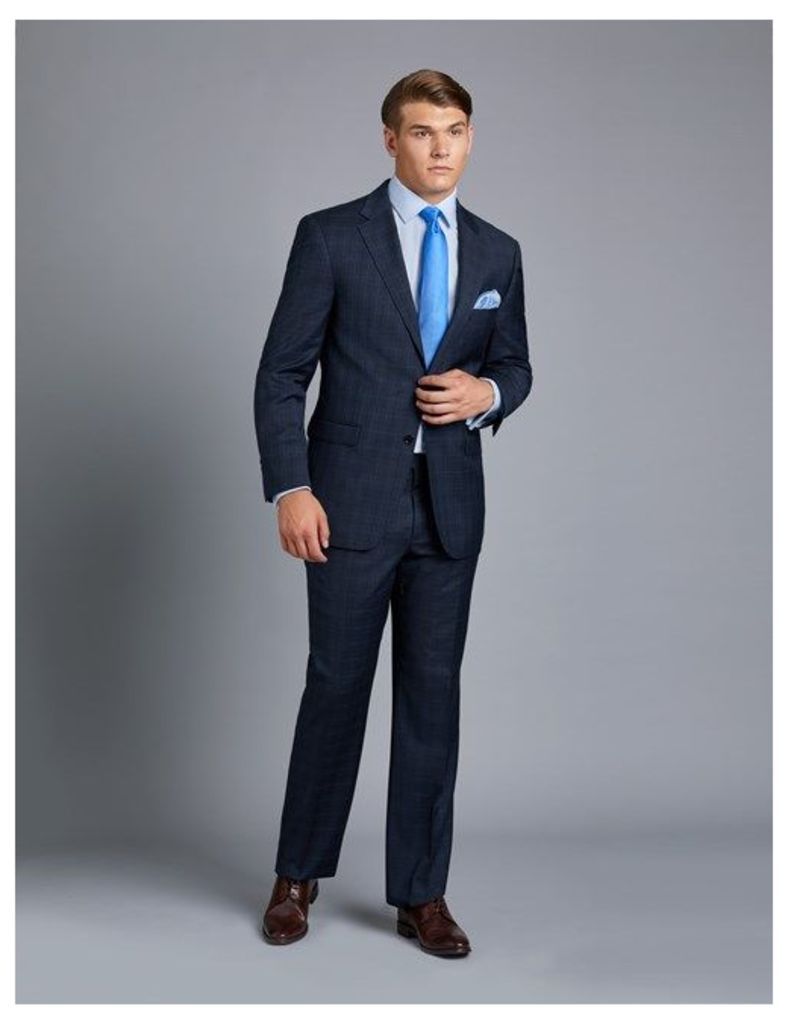 Men's Navy & Blue Overcheck Classic Fit Suit Jacket - Super 120s Wool