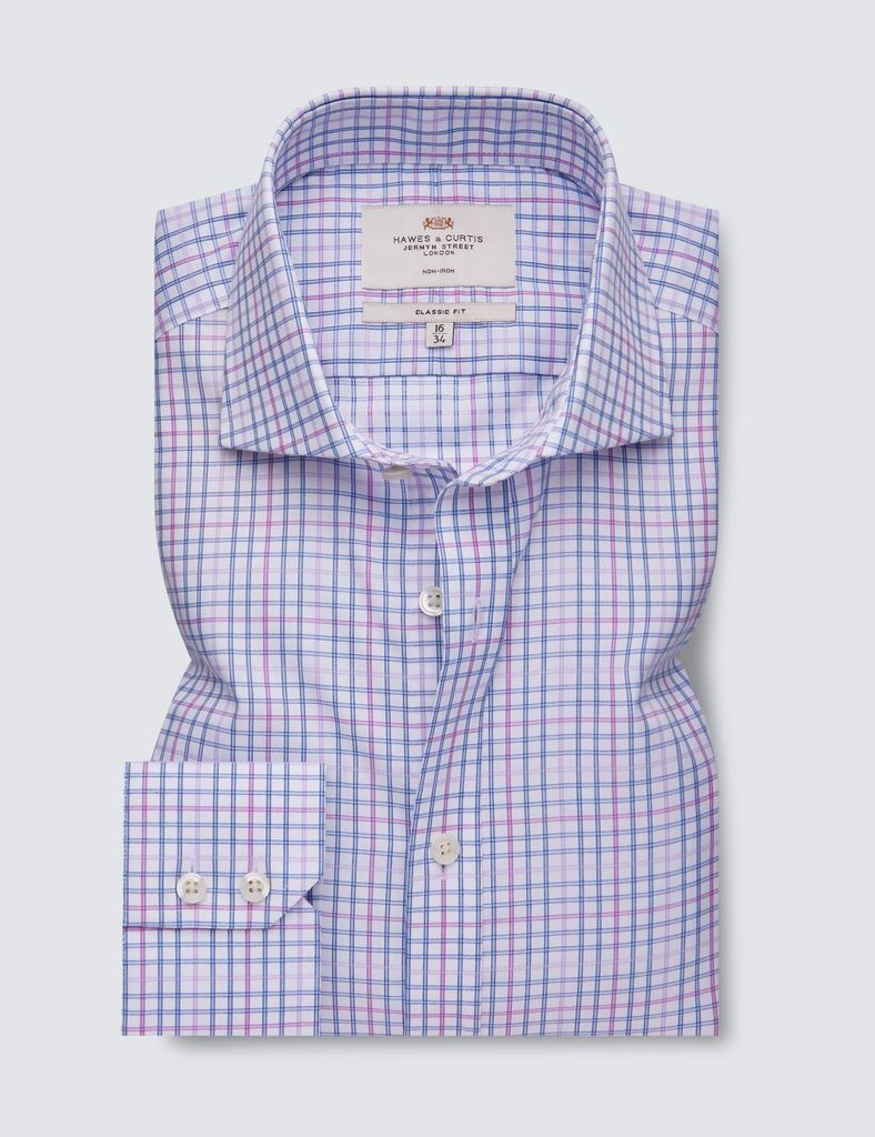 Non Iron Blue & Lilac Multi Check Classic Fit Shirt With Windsor Collar - Single Cuffs
