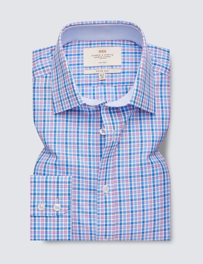 Non Iron Blue & Pink Multi Check Fitted Slim Shirt With Contrast Detail - Single Cuffs