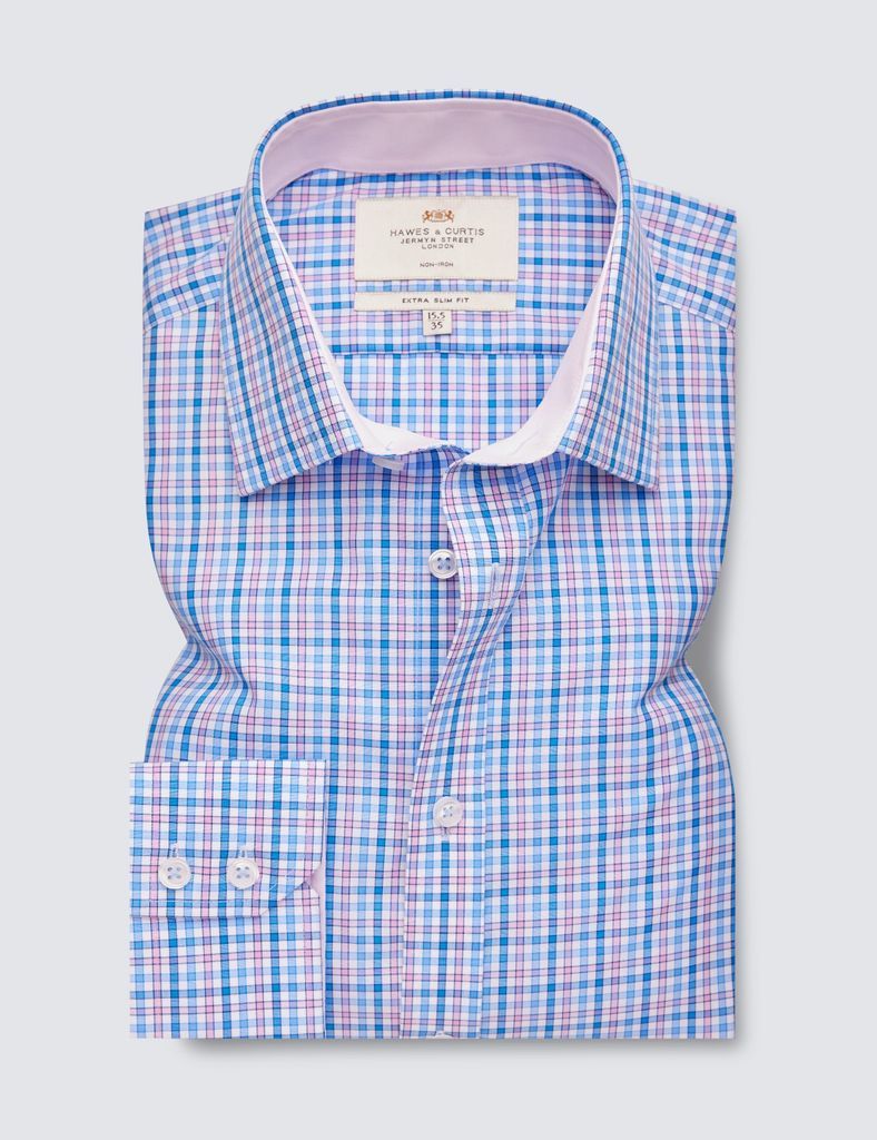 Non Iron Blue & Pink Check Extra Slim Fit Shirt With Contrast Detail -  Single Cuffs