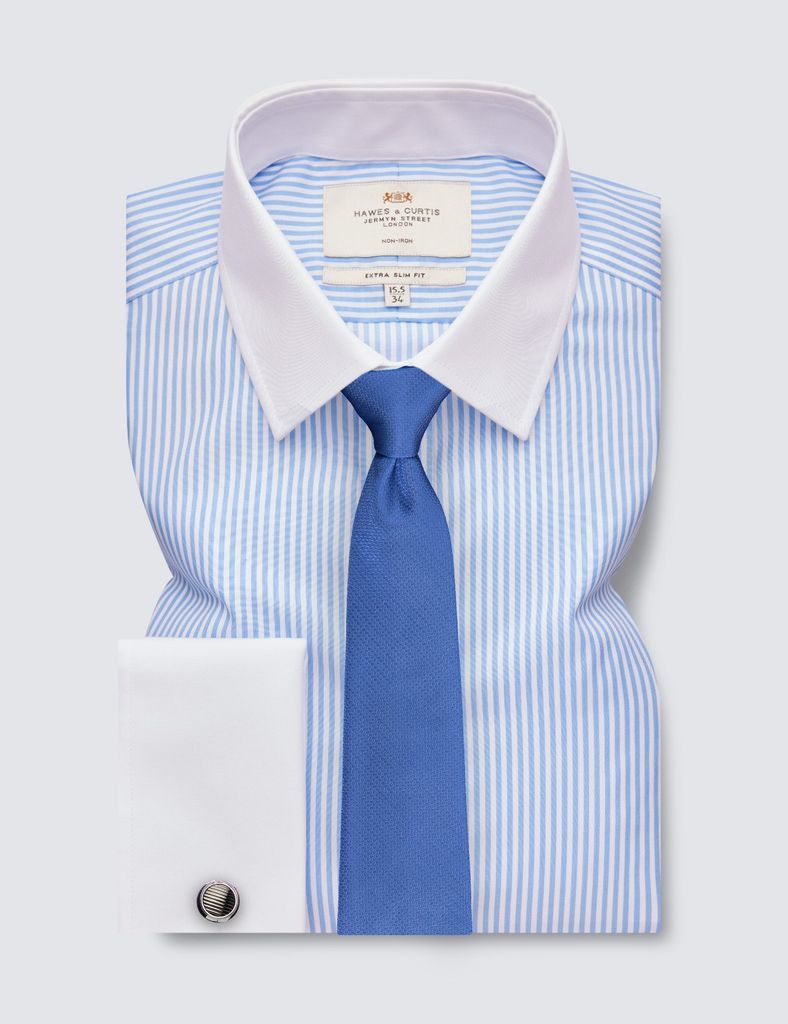 Non Iron Blue & White Bengal Stripe Extra Slim Fit Shirt With Semi Cutaway Collar - Double Cuffs