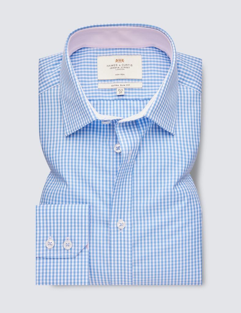 Non Iron Blue & White Gingham Check Extra Slim Fit Shirt With Contrast Detail - Single Cuffs