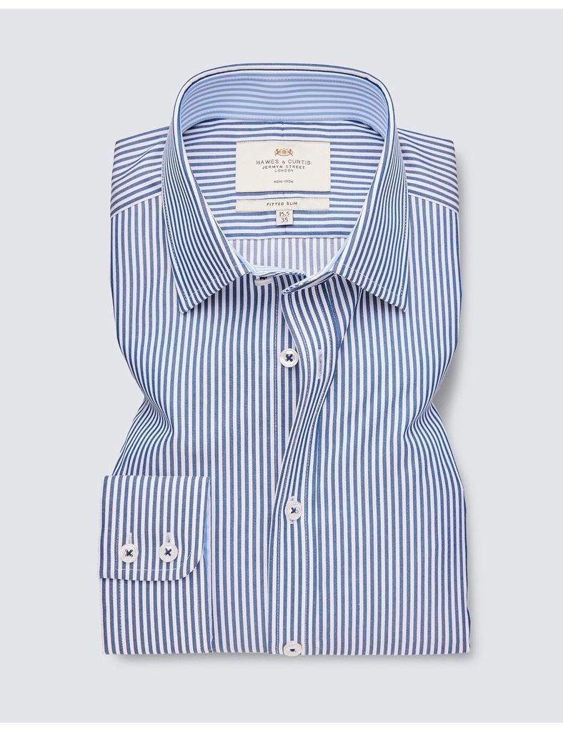 Non Iron Navy & White Bengal Stripe Fitted Slim Fit Shirt With Contrast Detail - Single Cuffs