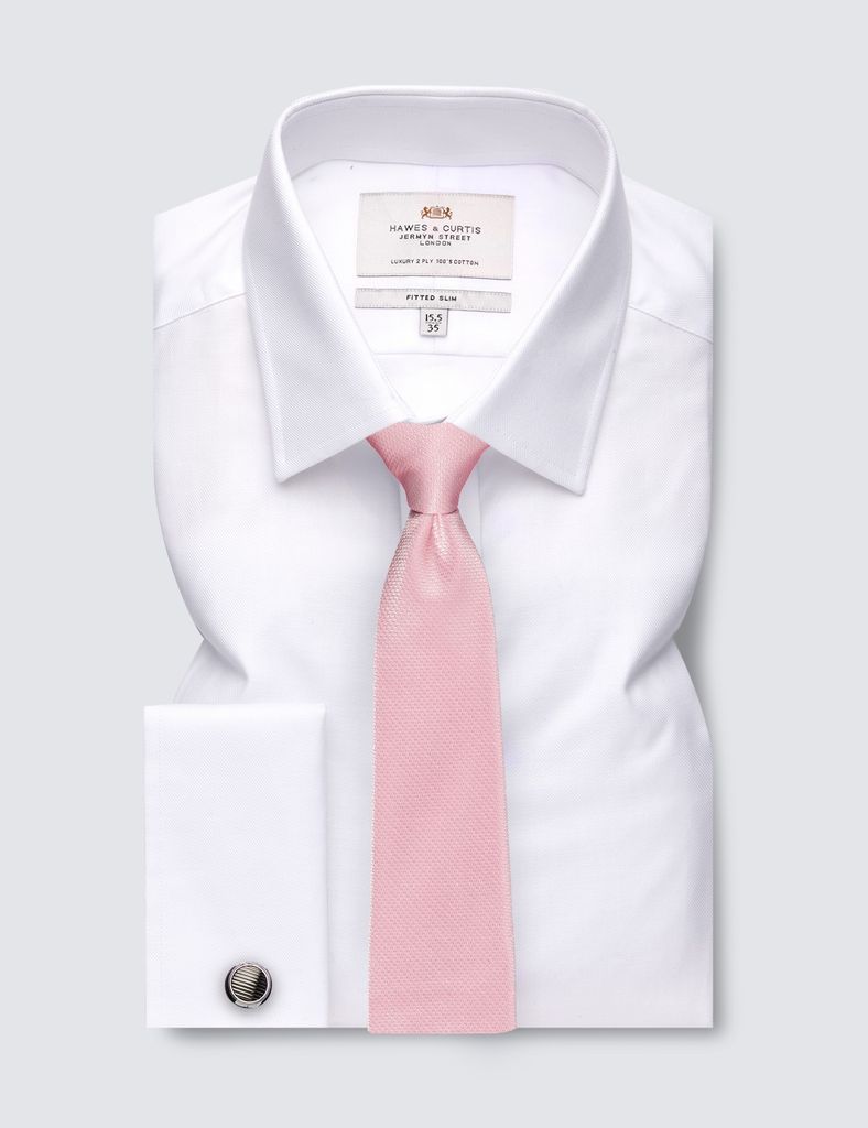 White Twill Fitted Slim Shirt With Semi Cutaway Collar - Double Cuffs
