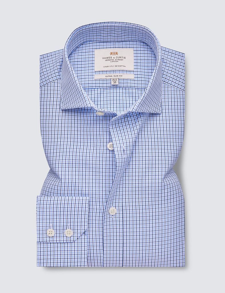 Blue & Navy Multi Check Extra Slim Fit Shirt With Windsor Collar - Single Cuffs