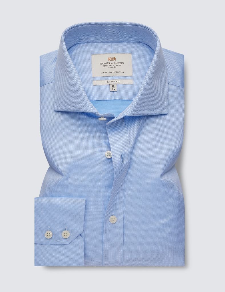 Men's Formal Men's Blue Pique Classic Fit Shirt - Windsor Collar - Single Cuffs
