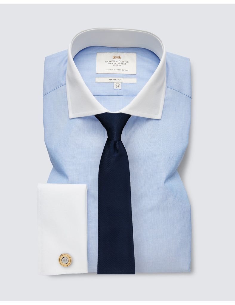 Blue End on End Fitted Slim Fit Shirt With Windsor Collar - Double Cuffs
