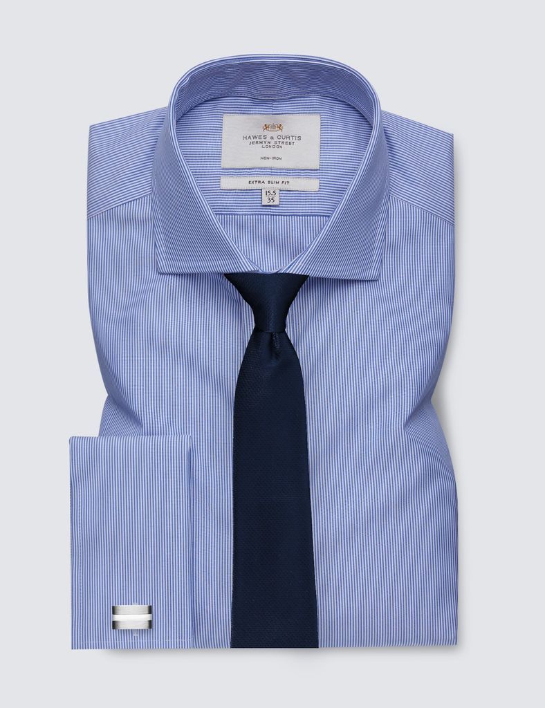 Non Iron Blue & White Fine Stripe Extra Slim Fit Shirt With Windsor Collar - Double Cuffs
