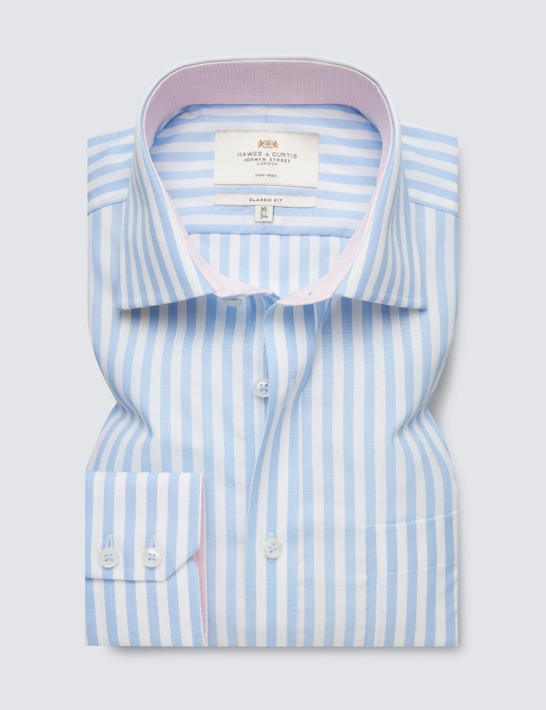 Non Iron Blue & White Bold Stripe Classic Fit Shirt With Contrast Detail & Breast Pocket - Single Cuffs