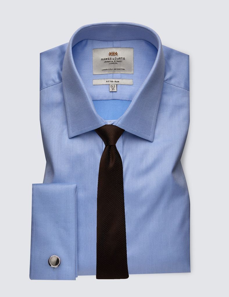 Blue Pique Fitted Slim Shirt - Double Cuffs