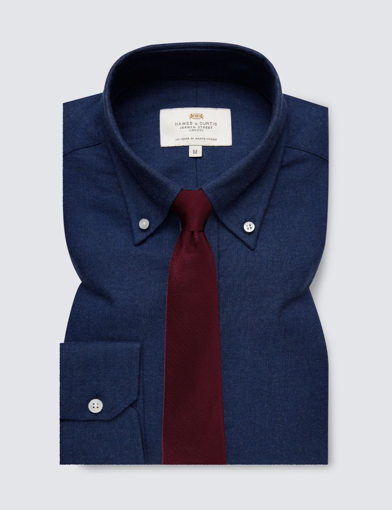 Navy Brushed Cotton Shirt With Button Down Collar