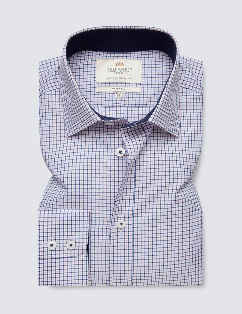 Pink & Navy Check Fitted Slim Shirt