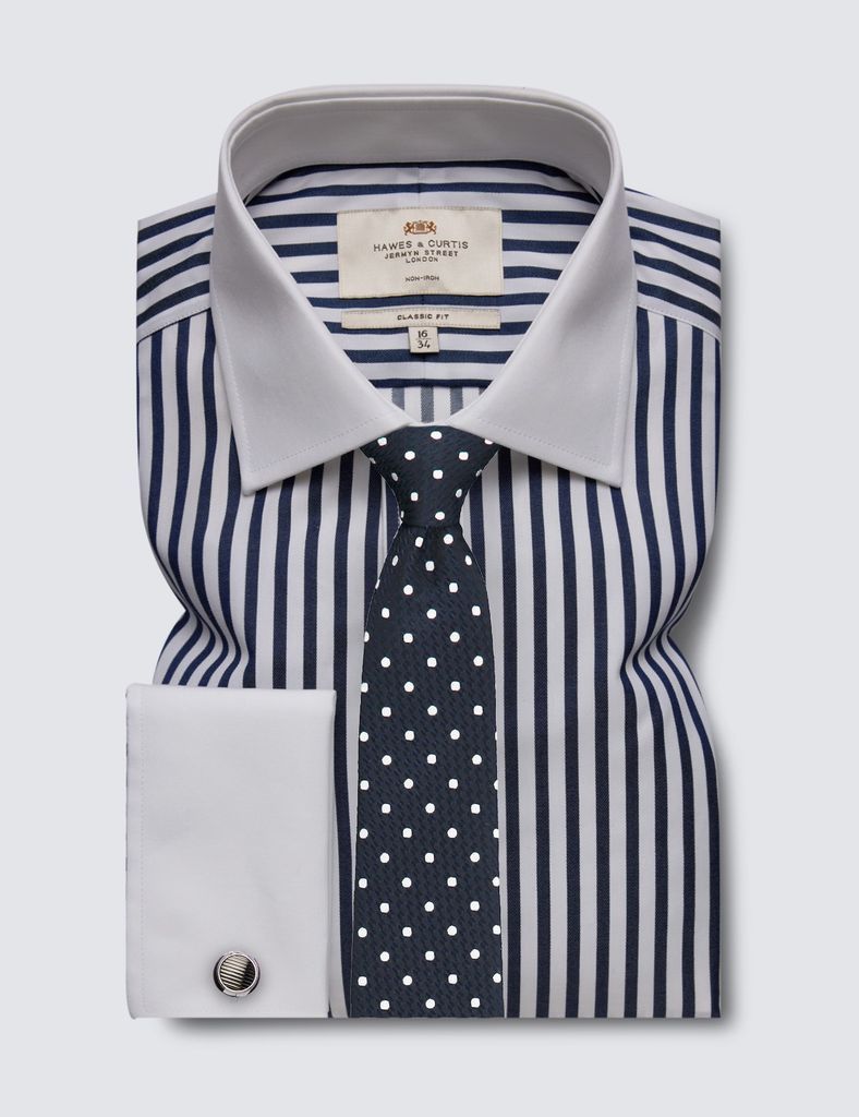 Non-Iron Navy & White Bold Stripe Classic Shirt With White Collar & Cuffs