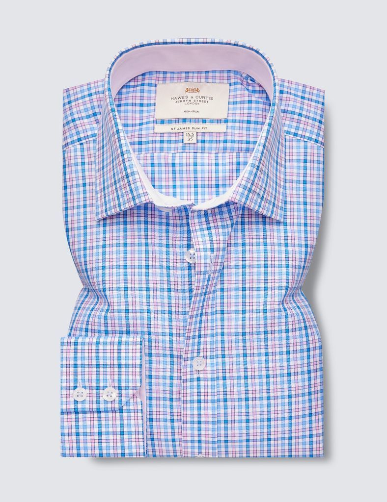 Non Iron Blue & Pink Multi Check Slim Fit Shirt With Contrast Detail