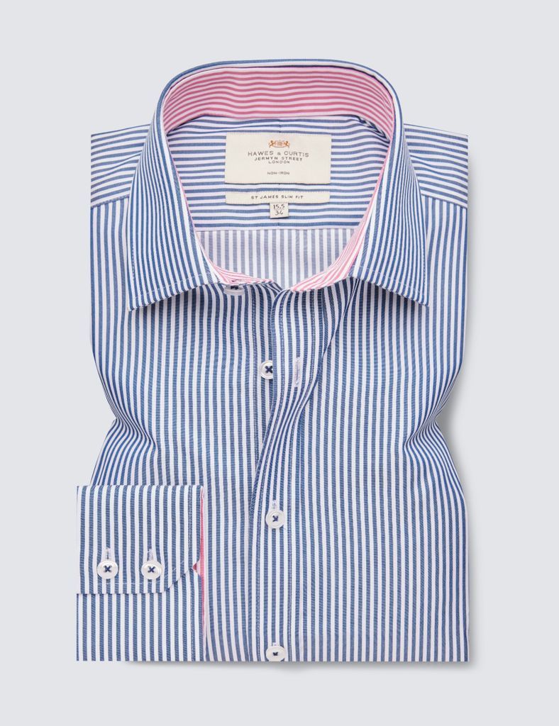 Non Iron Navy & White Bengal Stripe Slim Fit Shirt With Contrast Detail