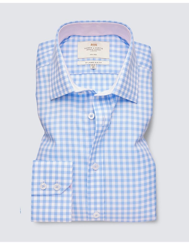 Non Iron Blue & White Check Slim Fit Shirt With Contrast Detail