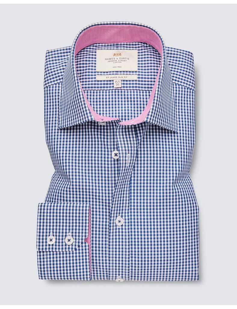 Non Iron Navy & White Gingham Check Slim Fit Shirt With Contrast Detail