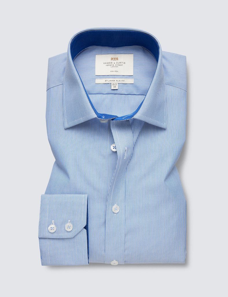 Non Iron Blue & White Fine Stripe Slim Fit Shirt With Contrast Detail