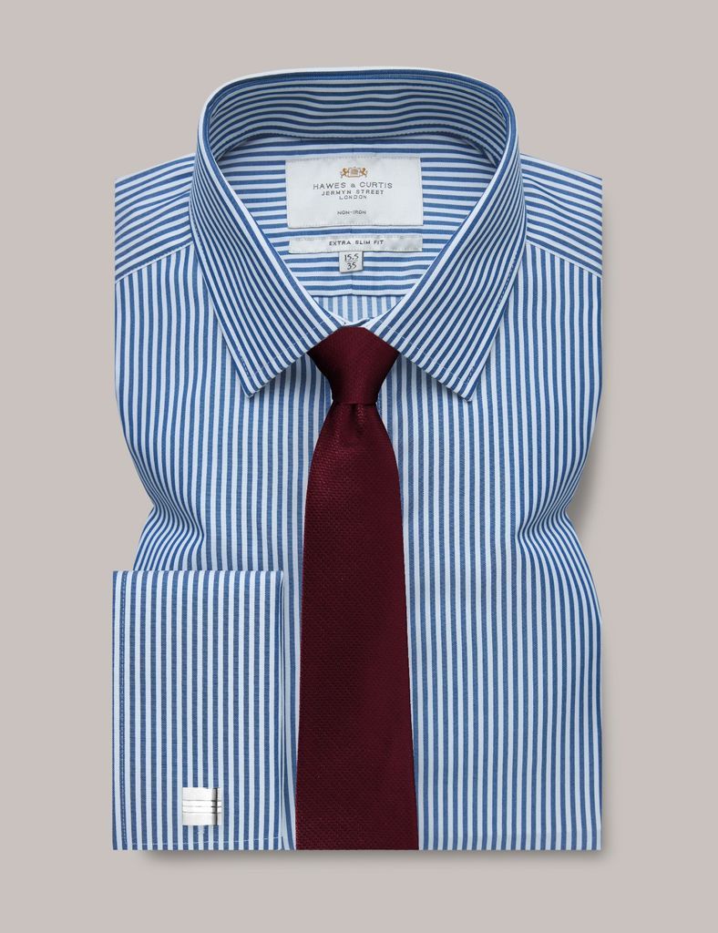 Non-Iron Navy & White Bengal Stripe Extra Slim Shirt - Double Cuffs