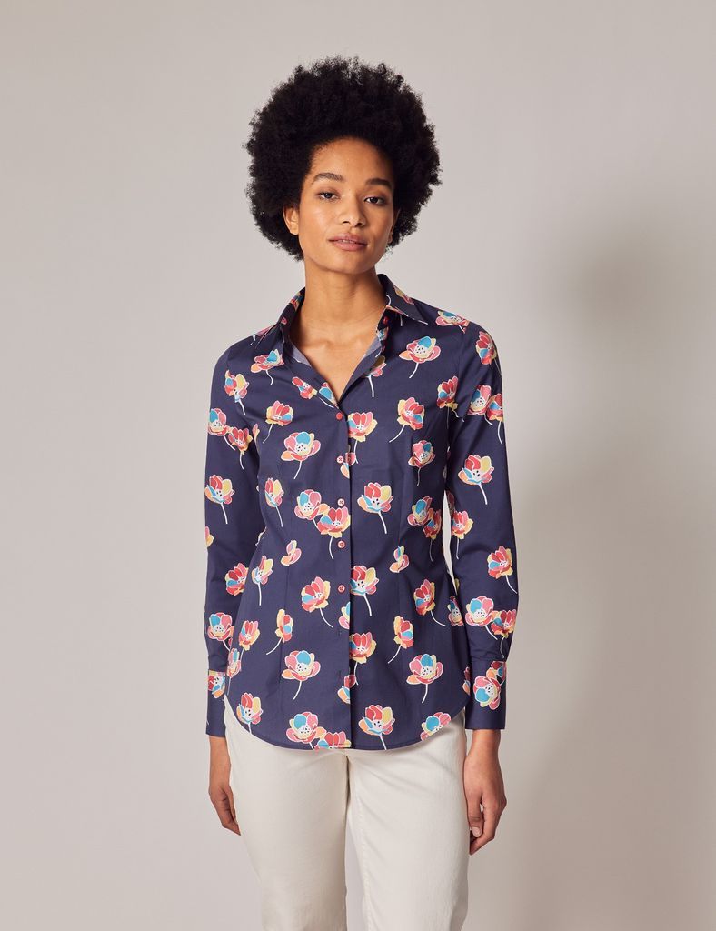 Navy & Pink Floral Print Fitted Cotton Stretch Shirt