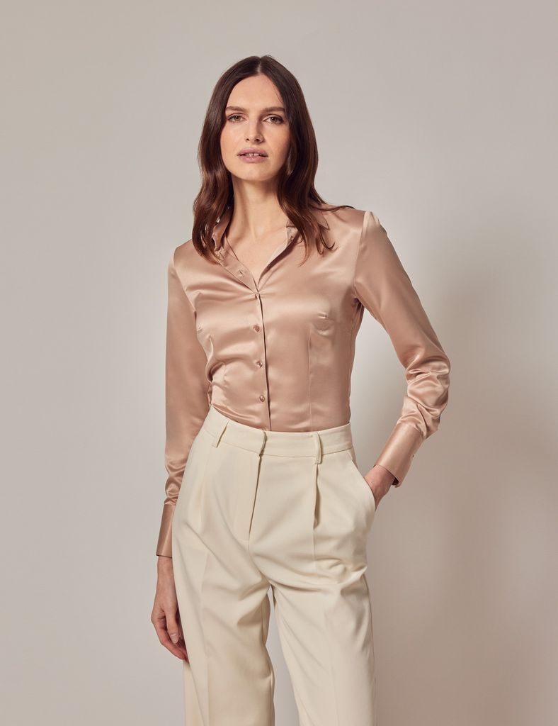 Taupe Fitted Satin Shirt