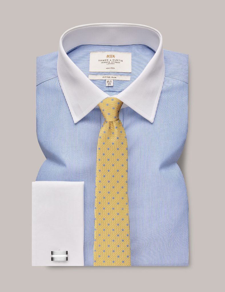 Non-Iron Blue & White Fine Stripe Fitted Slim Shirt With White Collar and Cuffs