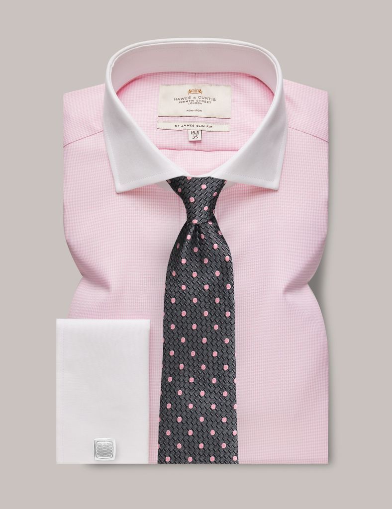 Non-Iron Pink & White Dogtooth Slim Shirt With White Collar and Cuffs