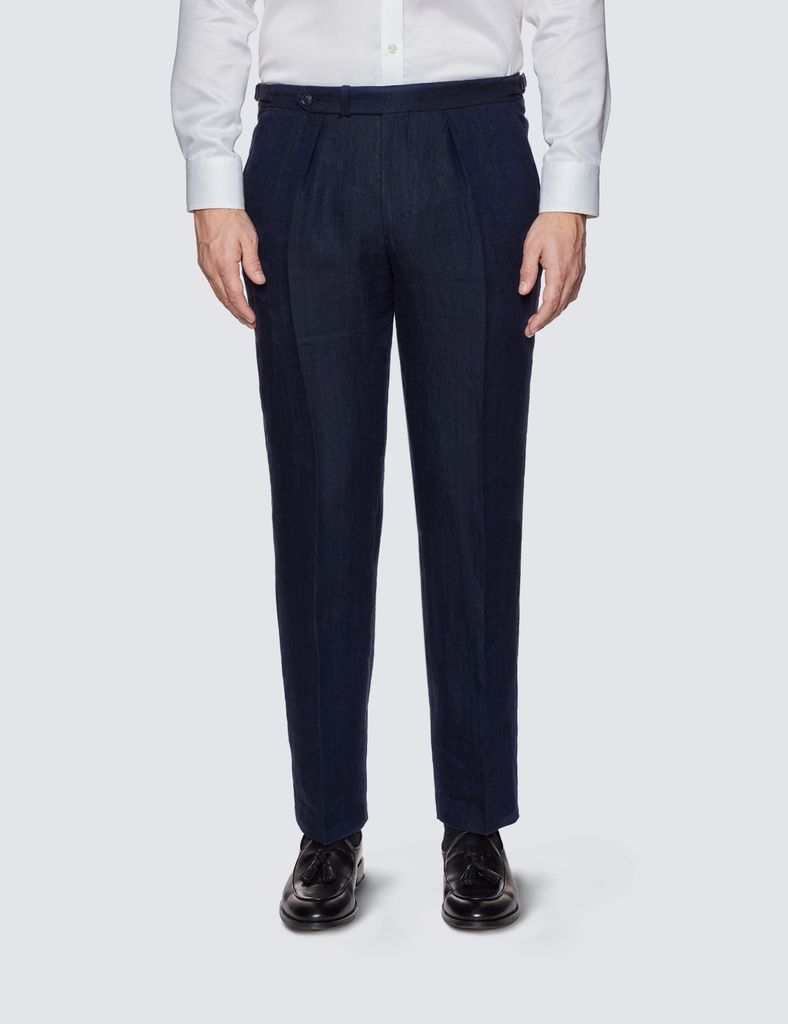 Navy Herringbone Tailored Fit Linen Italian Pleated Suit Trousers - 1913 Collection