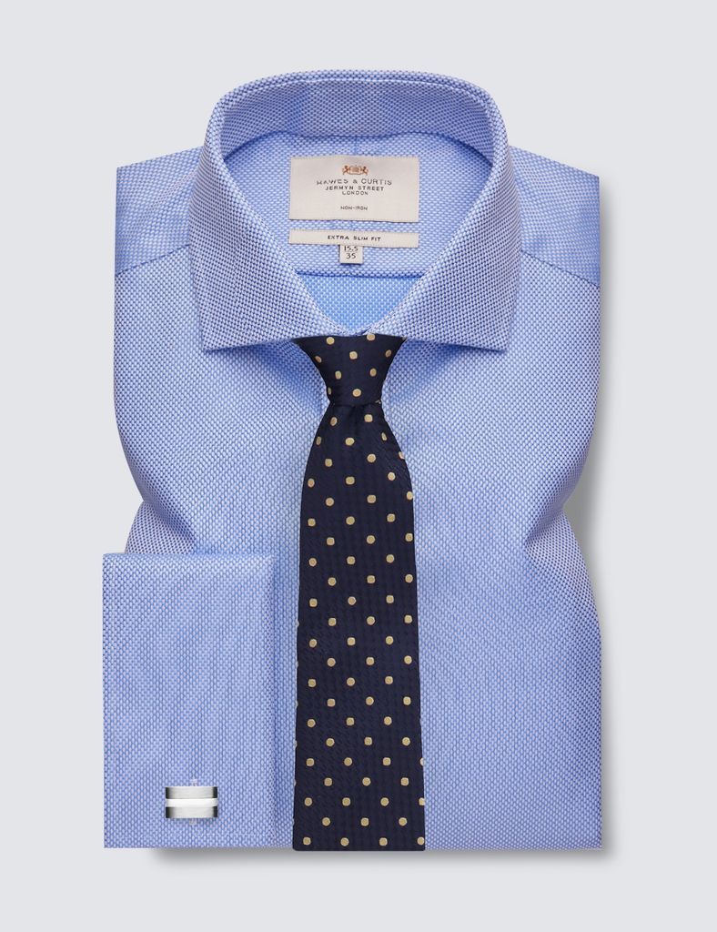 Non-Iron Blue Fabric Interest Extra Slim Fit Shirt with Windsor Collar - Double Cuffs