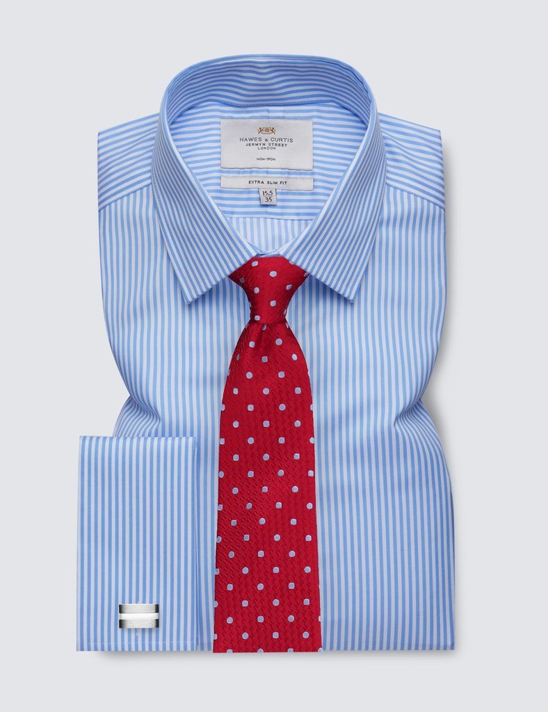 Non-Iron Blue & White Bengal Stripe Extra Slim Fit Shirt - Double Cuffs