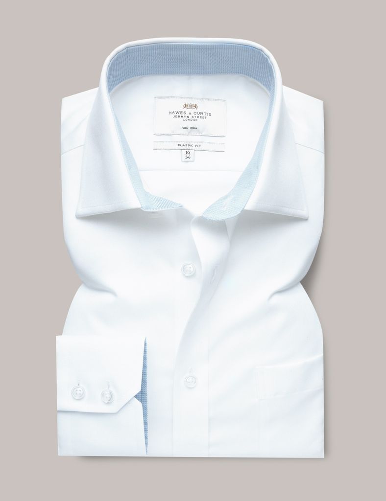 Non-Iron White Twill Classic Fit Shirt With Contrast Detail & Breast Pocket