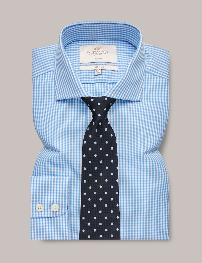 Non-Iron Blue & White Gingham Check Fitted Slim Shirt With Windsor Collar