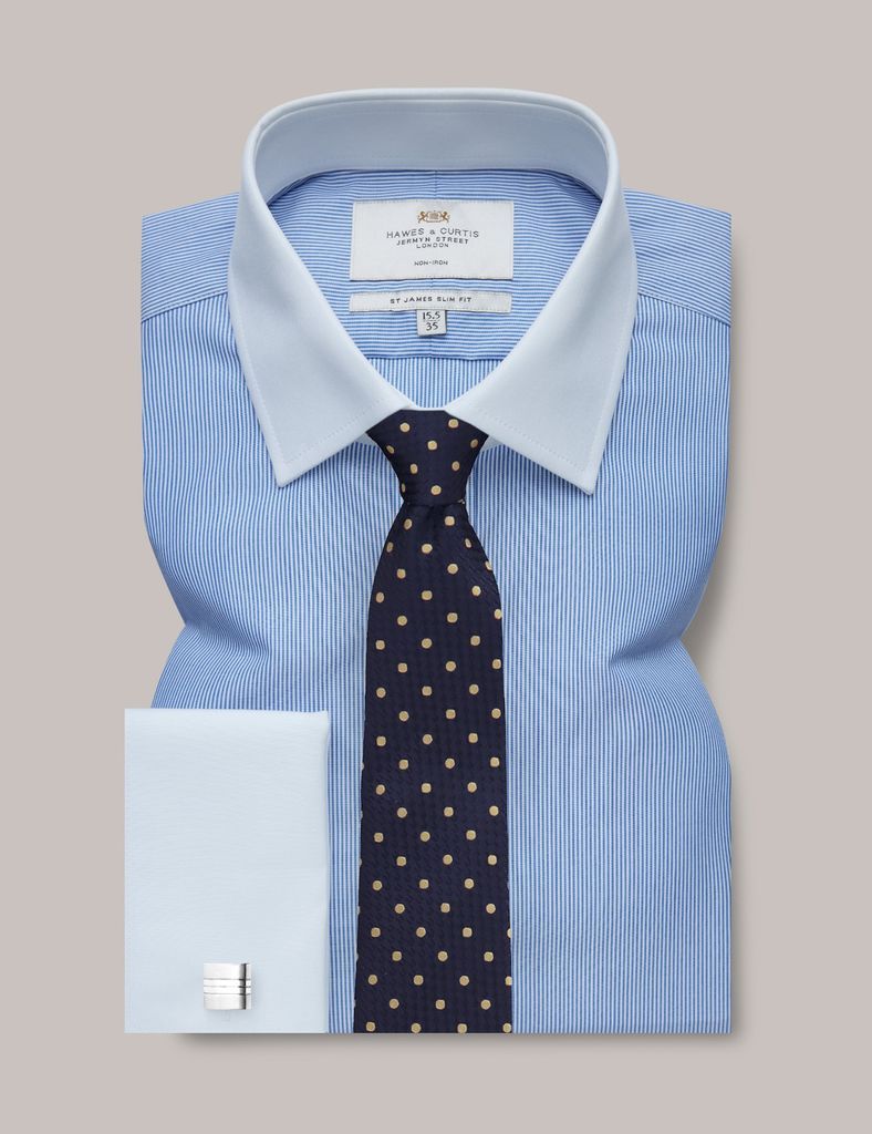 Non-Iron Blue & White Fine Stripe Slim Shirt With White Collar & Cuffs